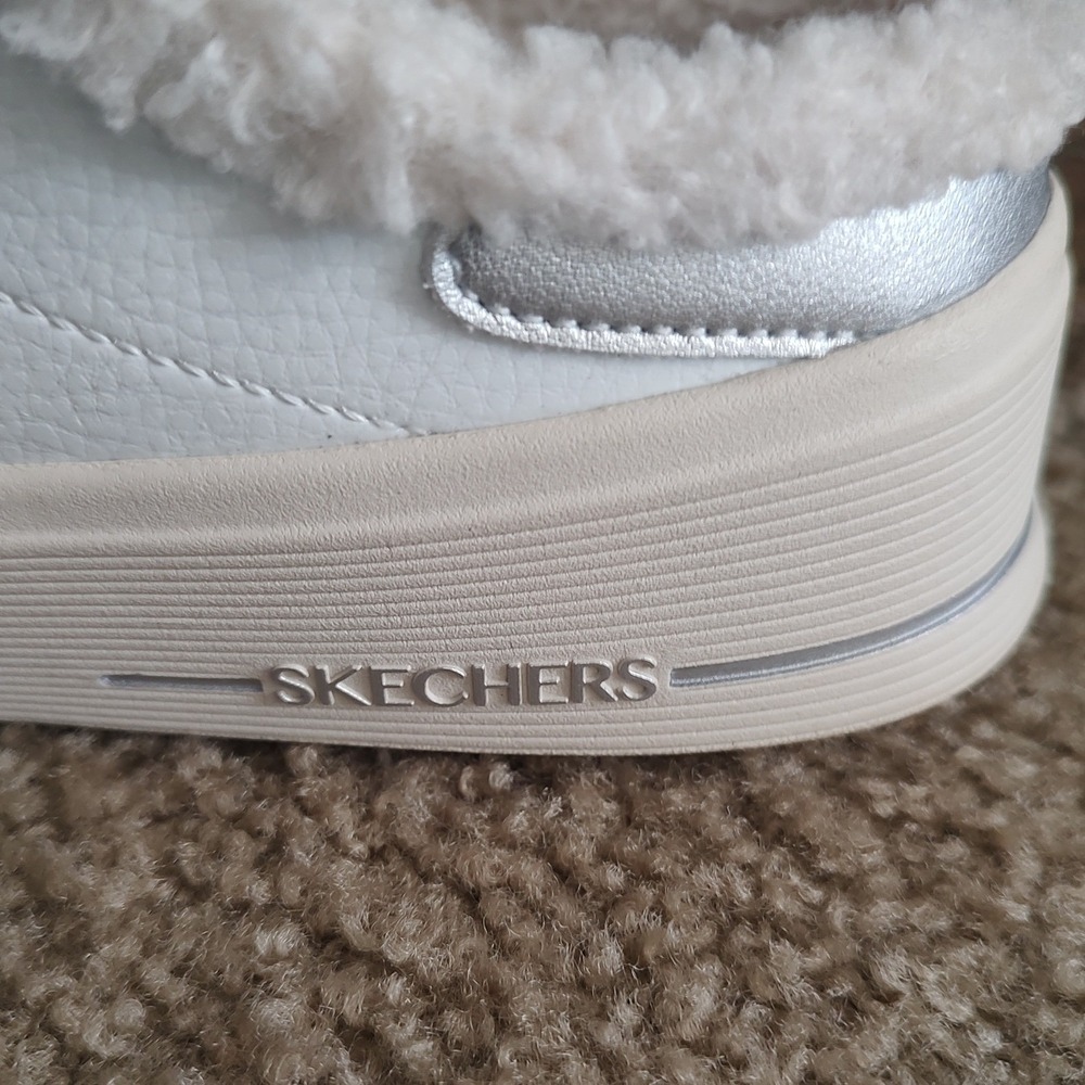 Skechers Court & Classics White Silver Glitter Star Faux Fur Mule Sneaker 185174